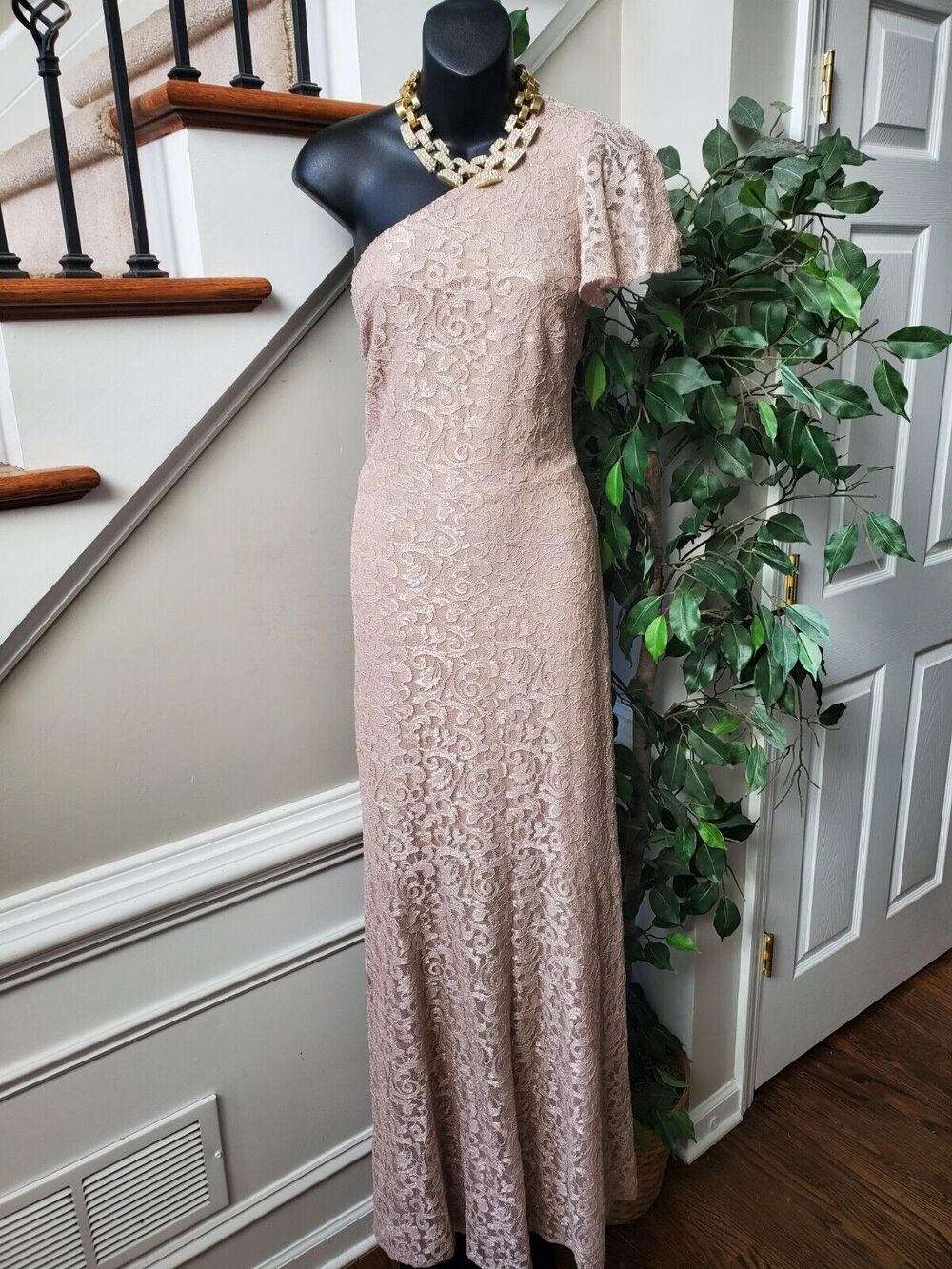 Lauren Ralph Lauren Women's Lace Beige One Shoulder Off Long Maxi Dress Size 6